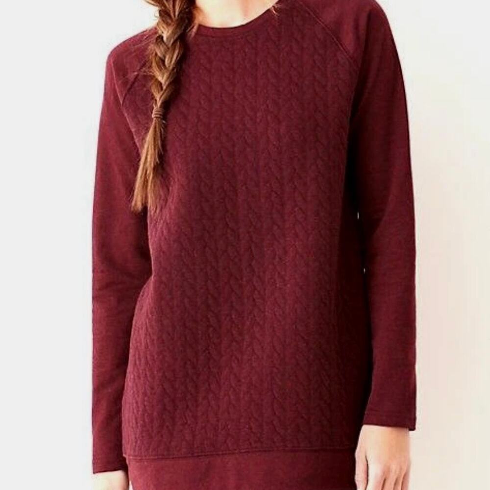 J. Jill Size Large Wine Quilted Cable Knit Front Pullover Sweatshirt